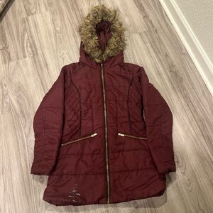 Celebrity Pink Maroon Quilted Puffer Coat with Faux Fur Hood